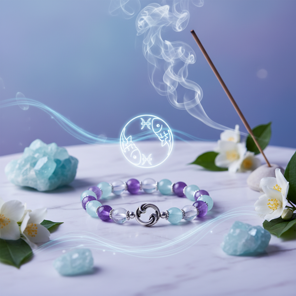 Pisces Bracelet zodiac crystals with dreamy blue purple tones in a serene spiritual setting