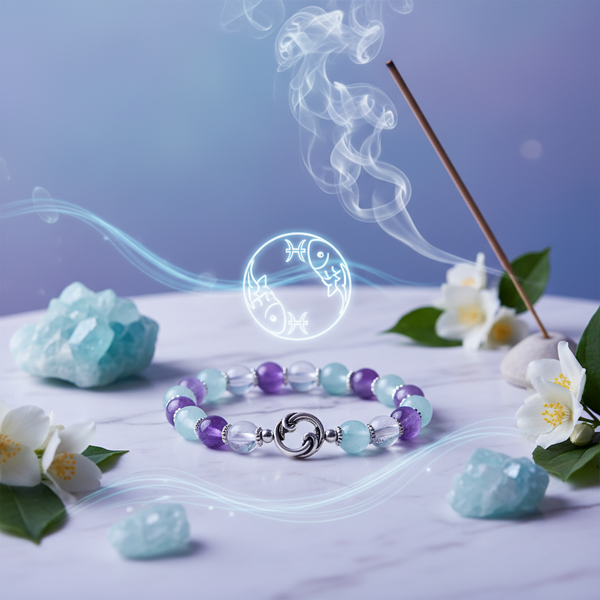 Pisces Bracelet zodiac crystals with dreamy blue purple tones in a serene spiritual setting