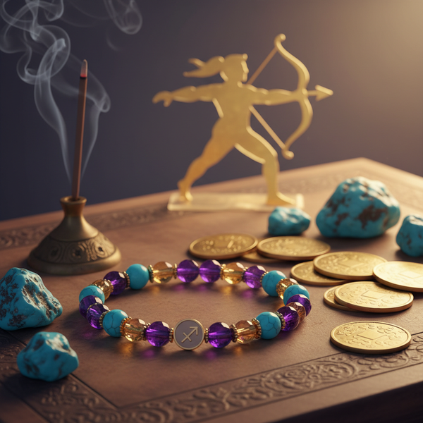 Dhan Yog Sagittarius Bracelet zodiac wealth crystals with adventurous golden purple tones in a serene spiritual setting