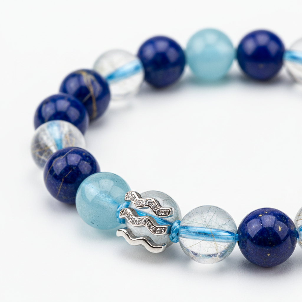 Dhan Yog Aquarius Bracelet macro close-up of gemstone bead texture on white background