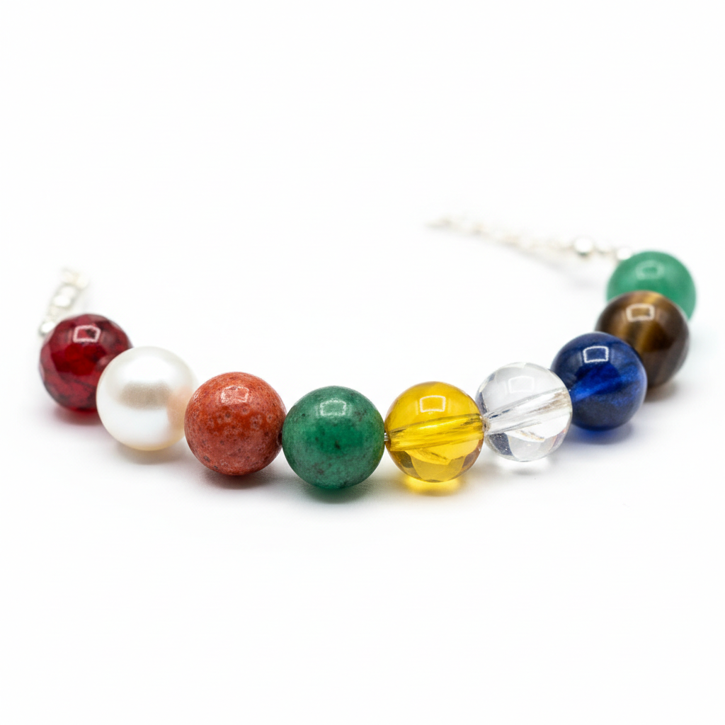 Energised Navgrah Shanti Bracelet Purnima close-up of nine coloured planet beads