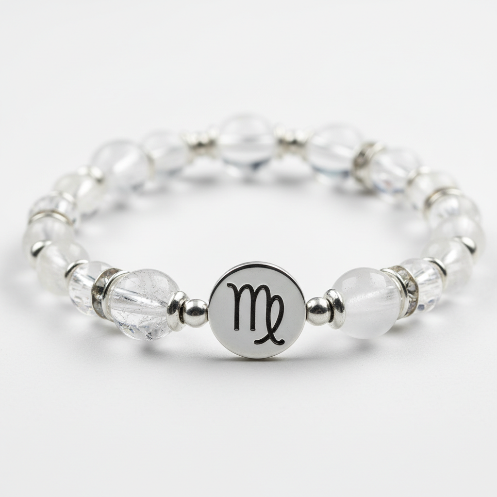 Virgo Bracelet close-up of zodiac crystal beads on white background