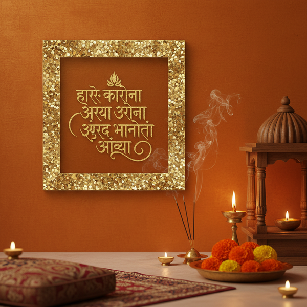 Shree Krishna Maha Mantra on Pyrite Frame displayed in a spiritual Indian home setting with diya and marigold flowers