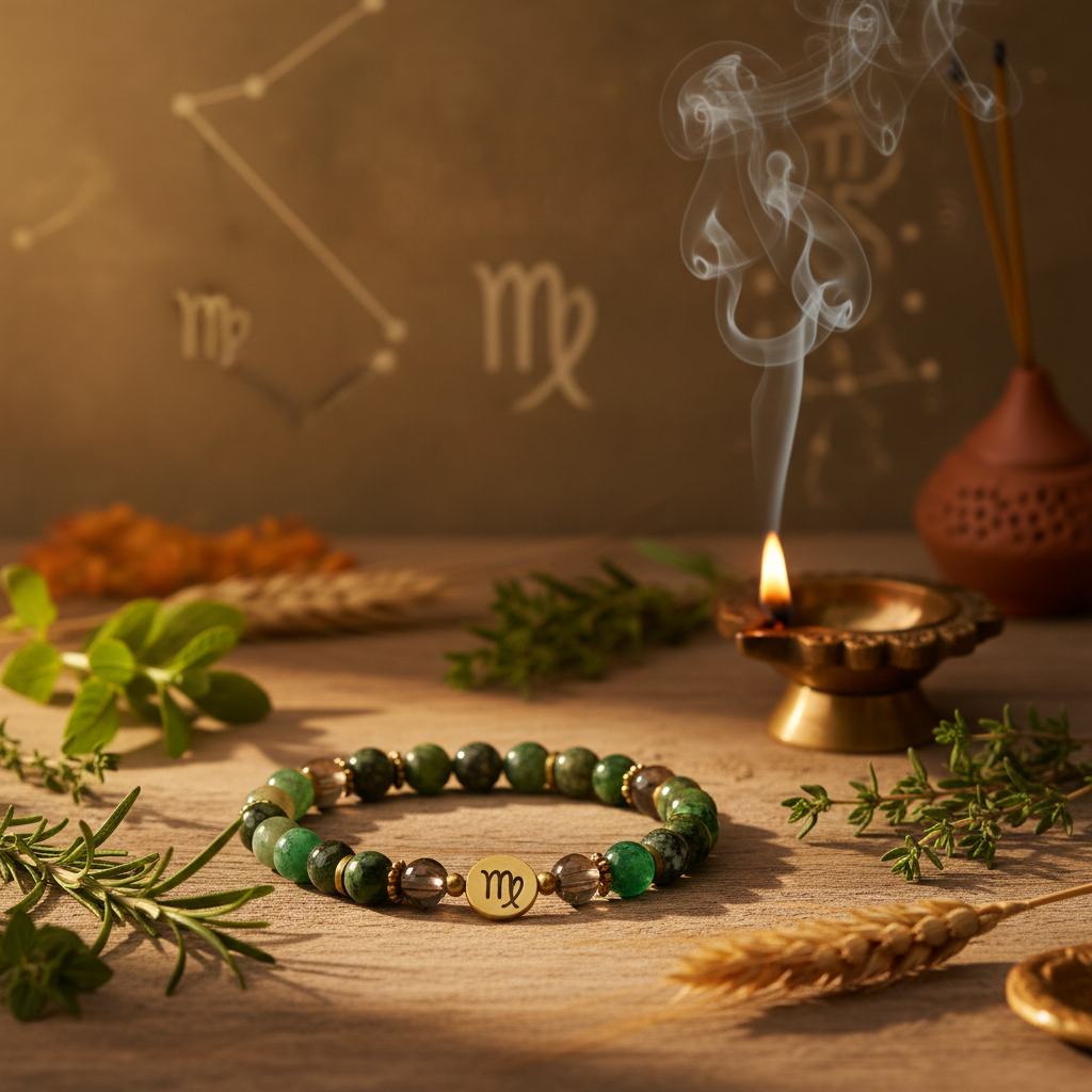 Virgo Bracelet zodiac crystals with earth sign elements in a serene spiritual setting