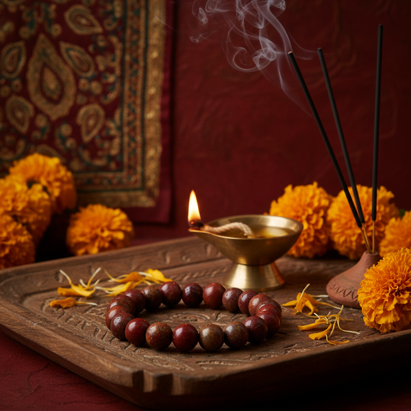 Red jasper bracelet in a spiritual Indian setting with diya, flowers and incense
