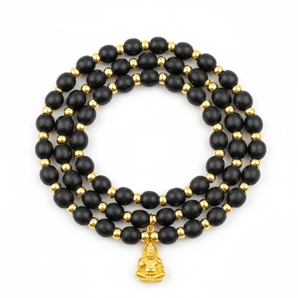 7mm Golden Capped Karungali Mala with Hanuman Pendant full product shot on white background