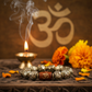 Raw Pyrite with Om Bead Bracelet in a serene spiritual setting with diya and marigolds