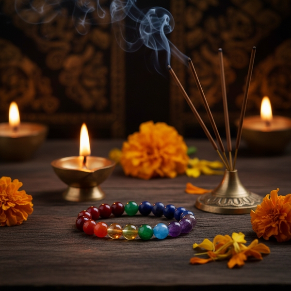 Seven Chakra Unisex Bracelet with seven coloured crystal beads in a spiritual Indian setting with diya and incense
