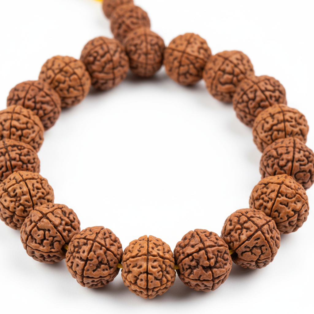 1-14 Mukhi Siddh Mala macro close-up of Rudraksha beads with varying mukhi lines on white background