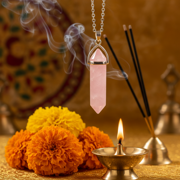 Rose quartz pencil point pendant in a spiritual Indian setting with diya, flowers and incense