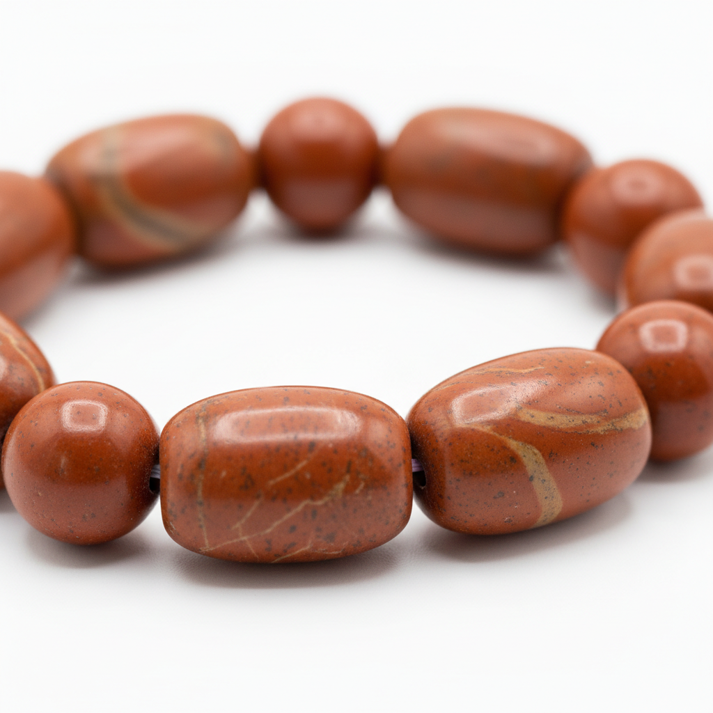 Red jasper bracelet macro detail showing natural earthy brick-red colour and smooth texture of individual beads