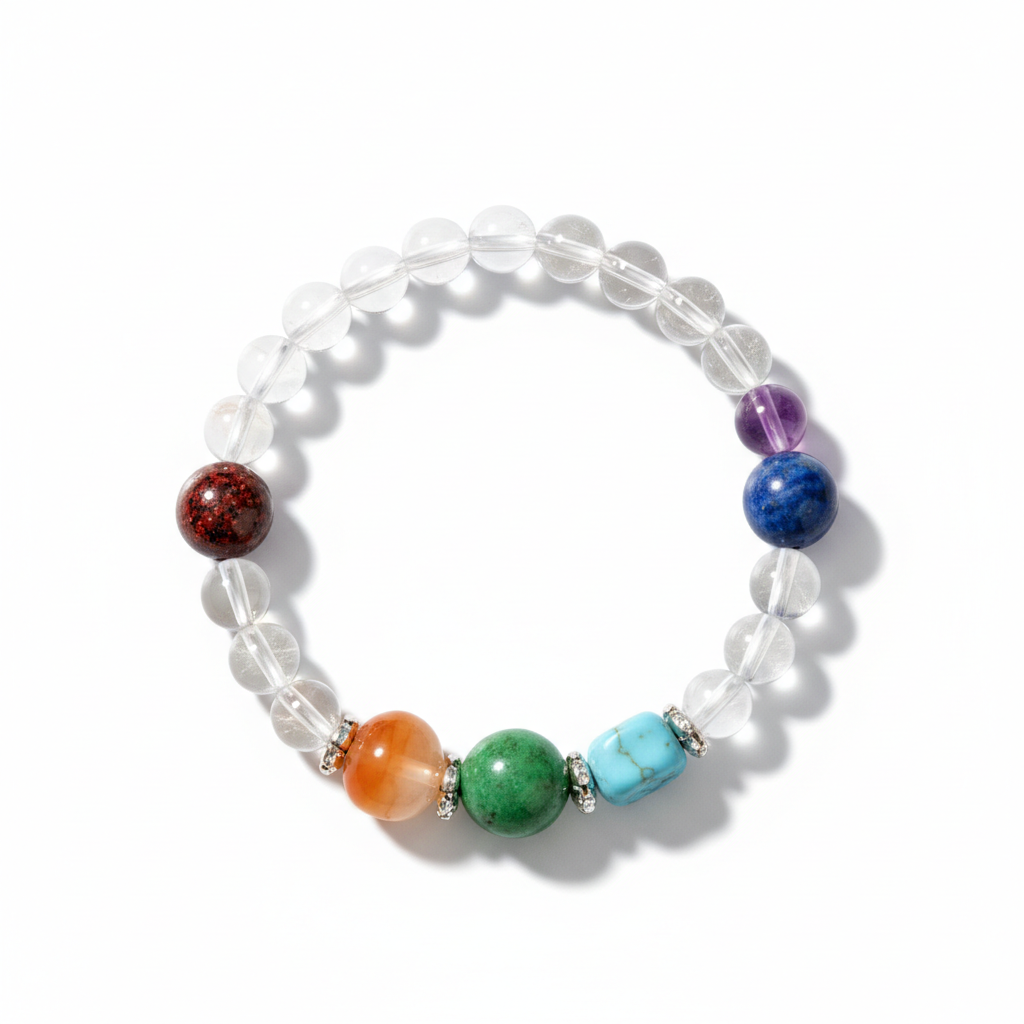 Seven Chakra Unisex Bracelet full product shot on white background showing all seven coloured chakra stones