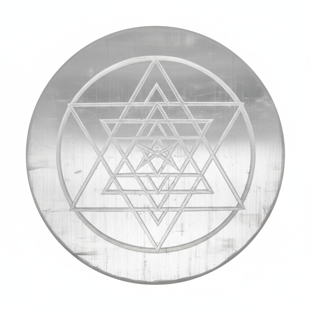 Shree Yantra Selenite Plate macro detail showing intricate sacred geometry and selenite crystal texture