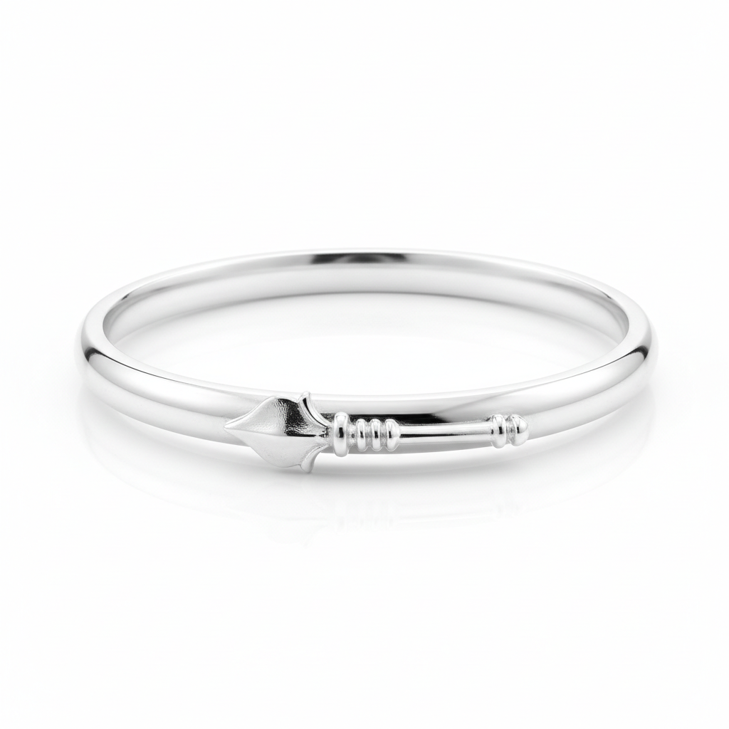 Silver Vel Kada bracelet full shot on white background showing elegant silver finish and Vel symbol