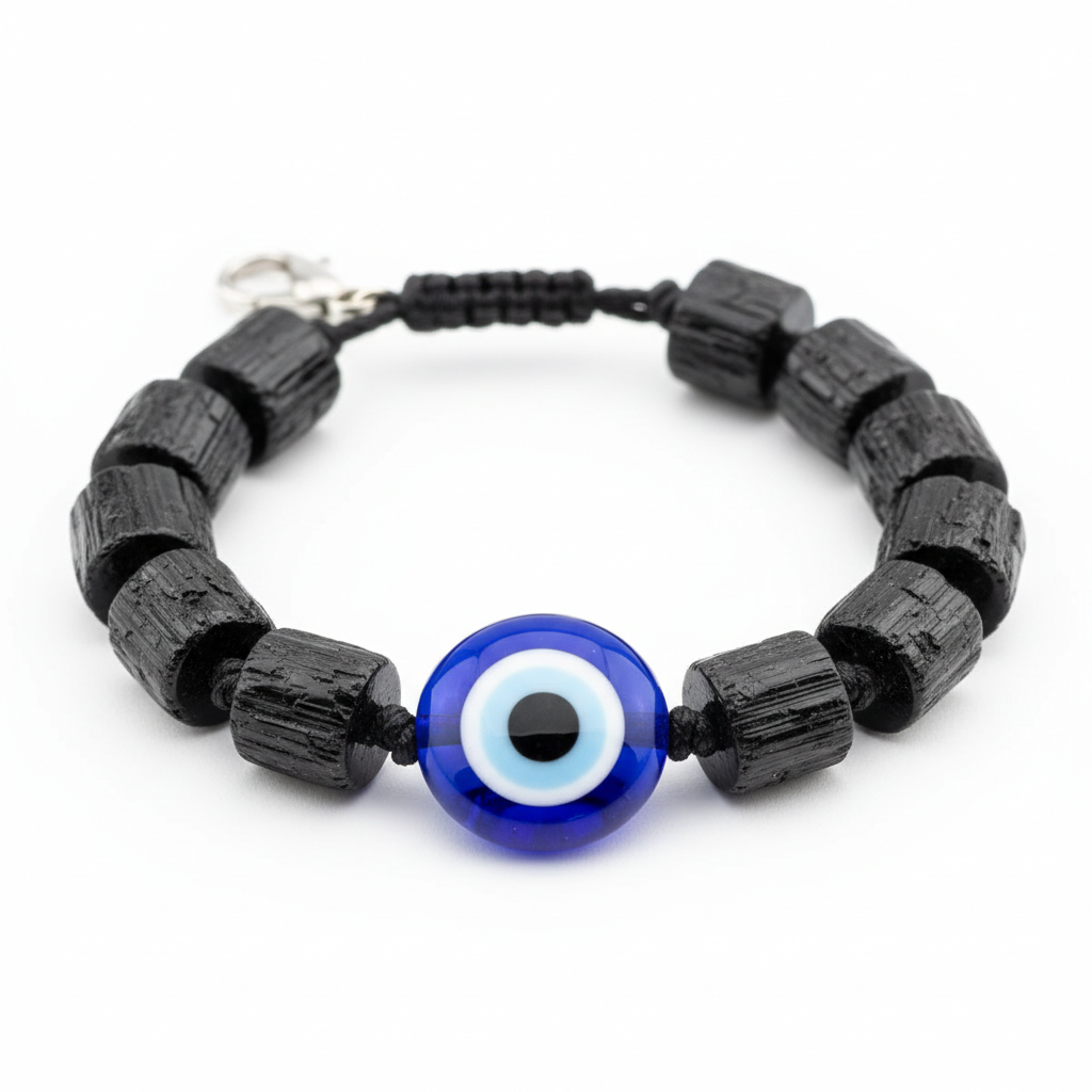 Evil Eye with Black Tourmaline Anklet close-up of tourmaline beads and evil eye charm