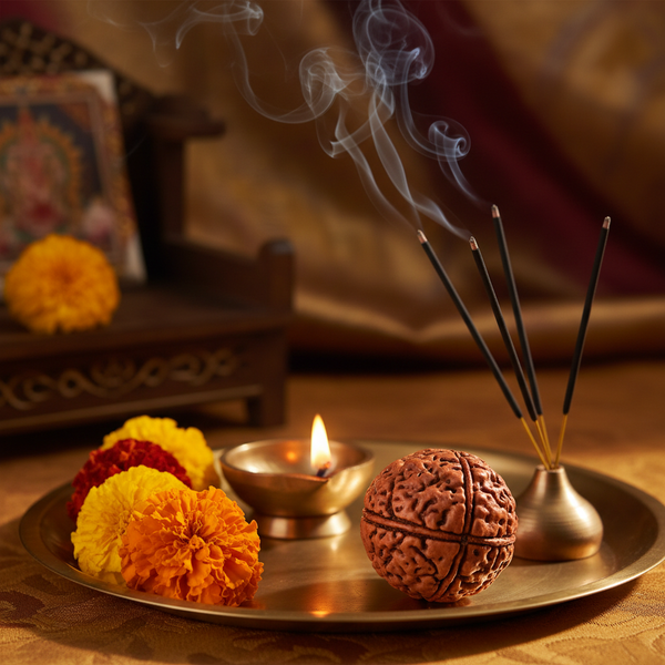 Nepal Origin 3 Mukhi Rudraksha bead in a spiritual Indian setting with diya, flowers and incense