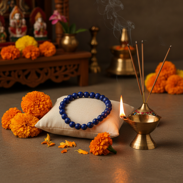 Lapis lazuli anklet in a spiritual Indian setting with diya, flowers and incense