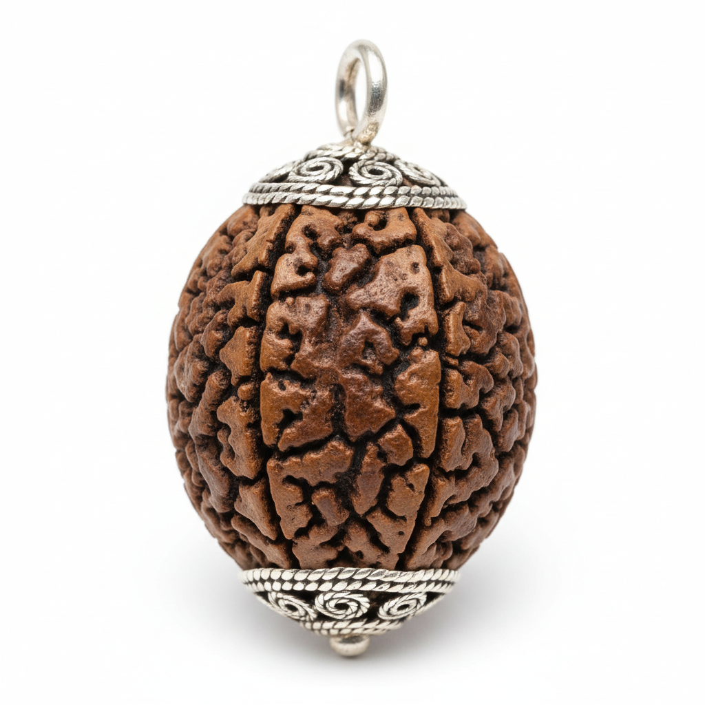 Nepal Origin 6 Mukhi Rudraksha macro detail showing 6 mukhi face lines and silver cap on white background