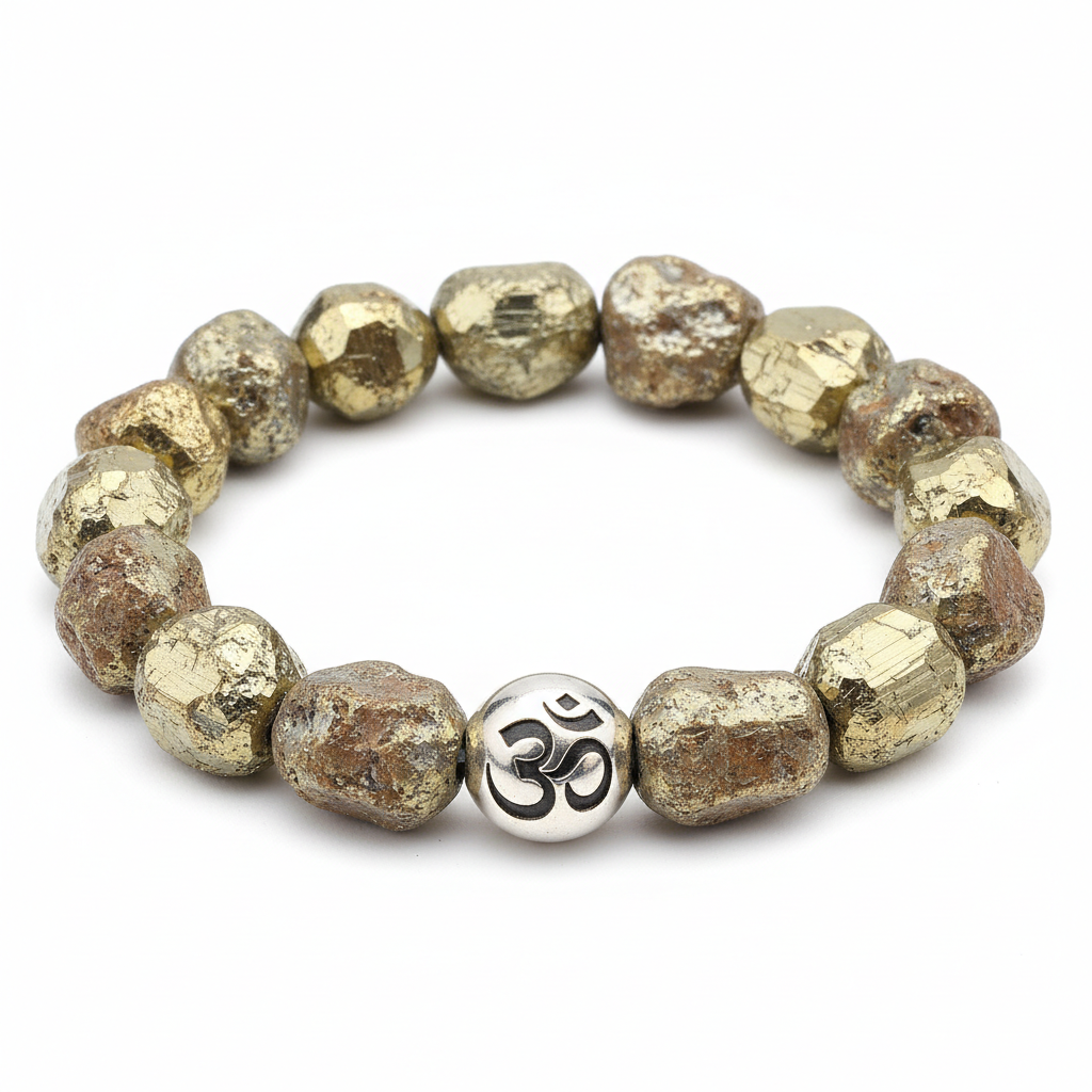 Raw Pyrite with Om Bead Bracelet full product shot on white background