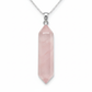 Rose quartz pencil point pendant full shot on white background showing soft pink faceted crystal point