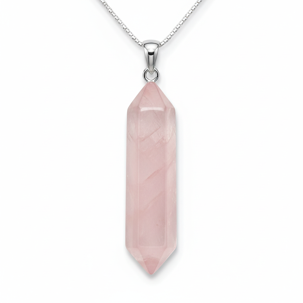 Rose quartz pencil point pendant full shot on white background showing soft pink faceted crystal point