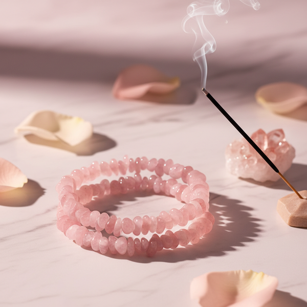 Rose Quartz Chips Bracelet soft pink chip beads with rose petals in a serene spiritual setting