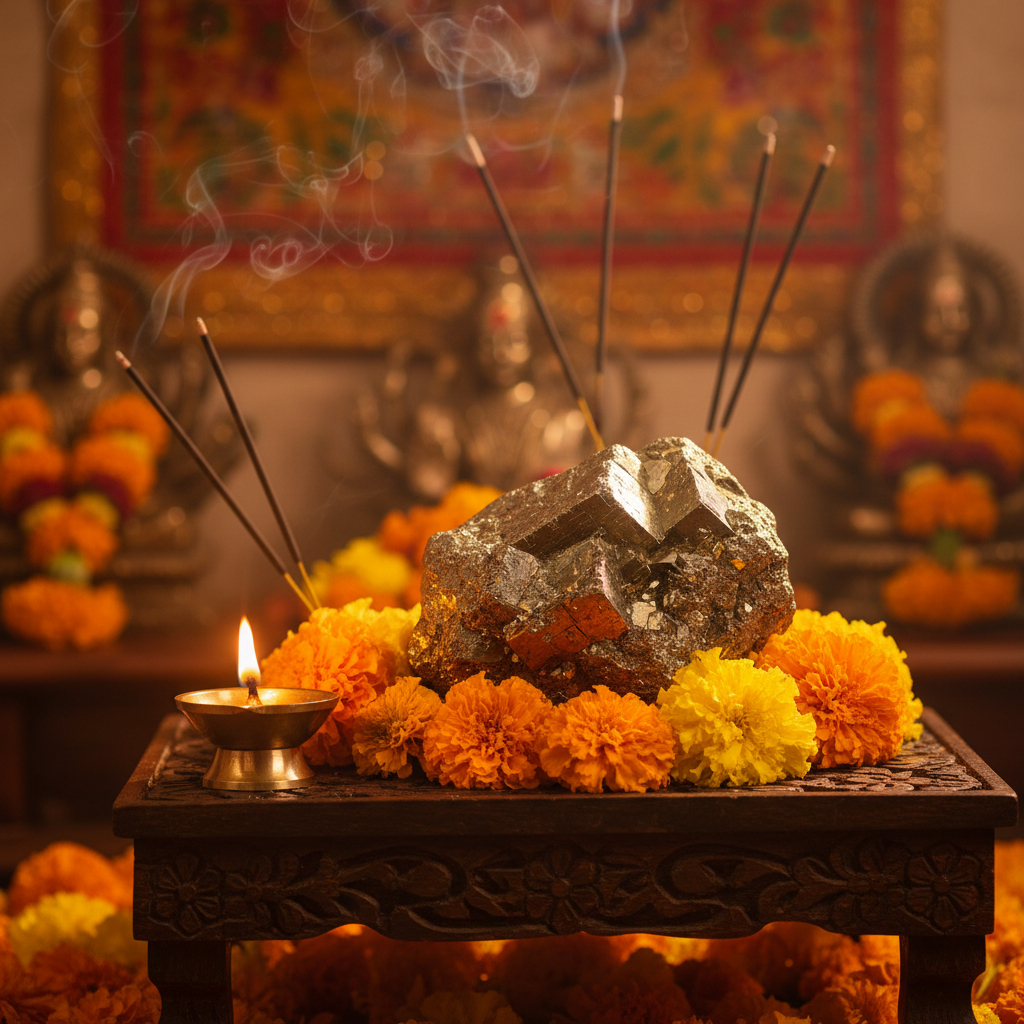 Pyrite Stone 1kg raw natural pyrite mineral in a spiritual Indian setting with diya, flowers and incense