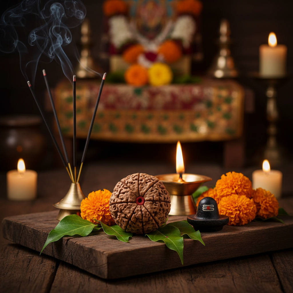 Nepal Origin 5 Mukhi Rudraksha bead in a spiritual Indian setting with diya, bilva leaves, marigold flowers and Shiva lingam