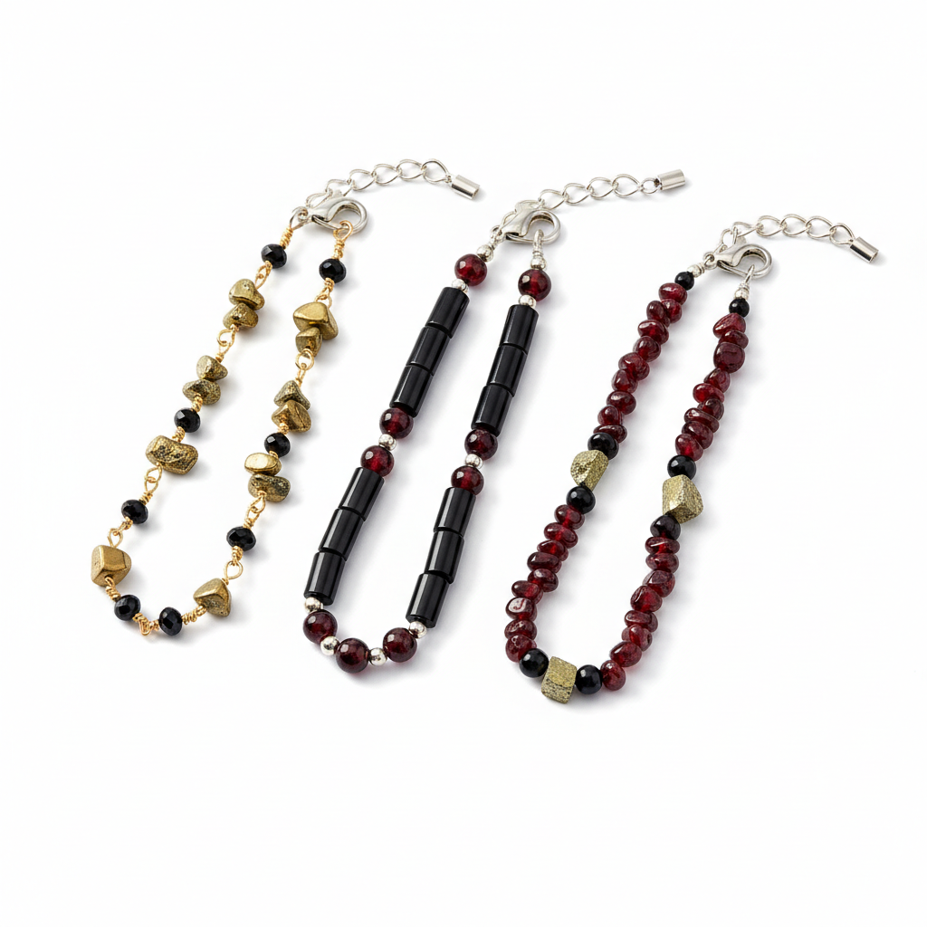Pyrite Black Tourmaline Garnet Anklet Set full product shot on white background