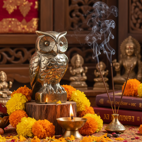 Pyrite owl figurine in a spiritual Indian setting with diya, flowers and incense