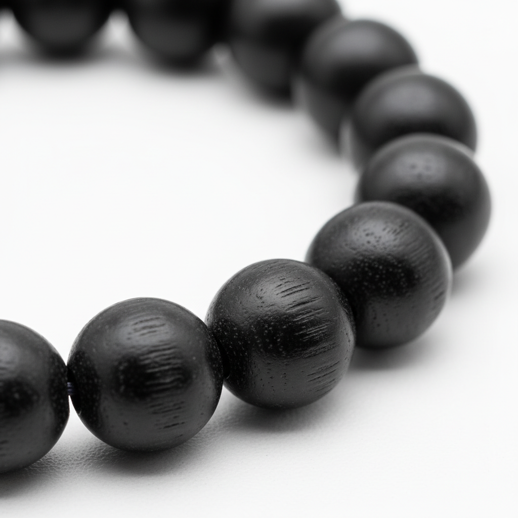 Stretchable Karungali Mala 8mm macro close-up of smooth black ebony bead texture on white background