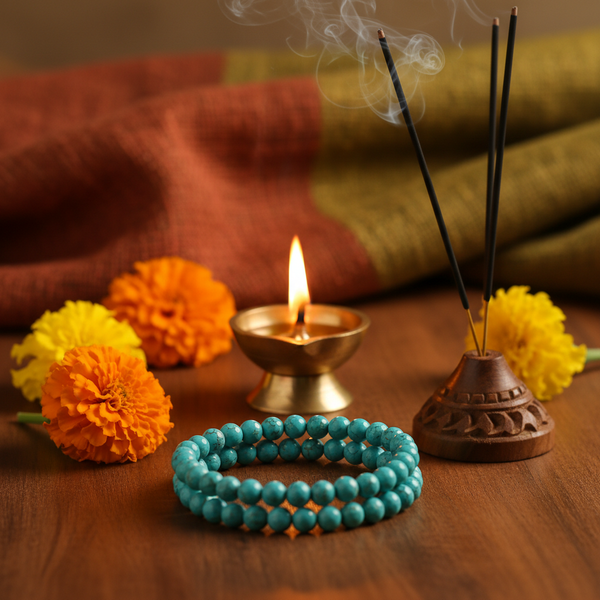 Turquoise Bracelet with blue-green stones in a spiritual Indian setting with diya, marigold flowers and incense