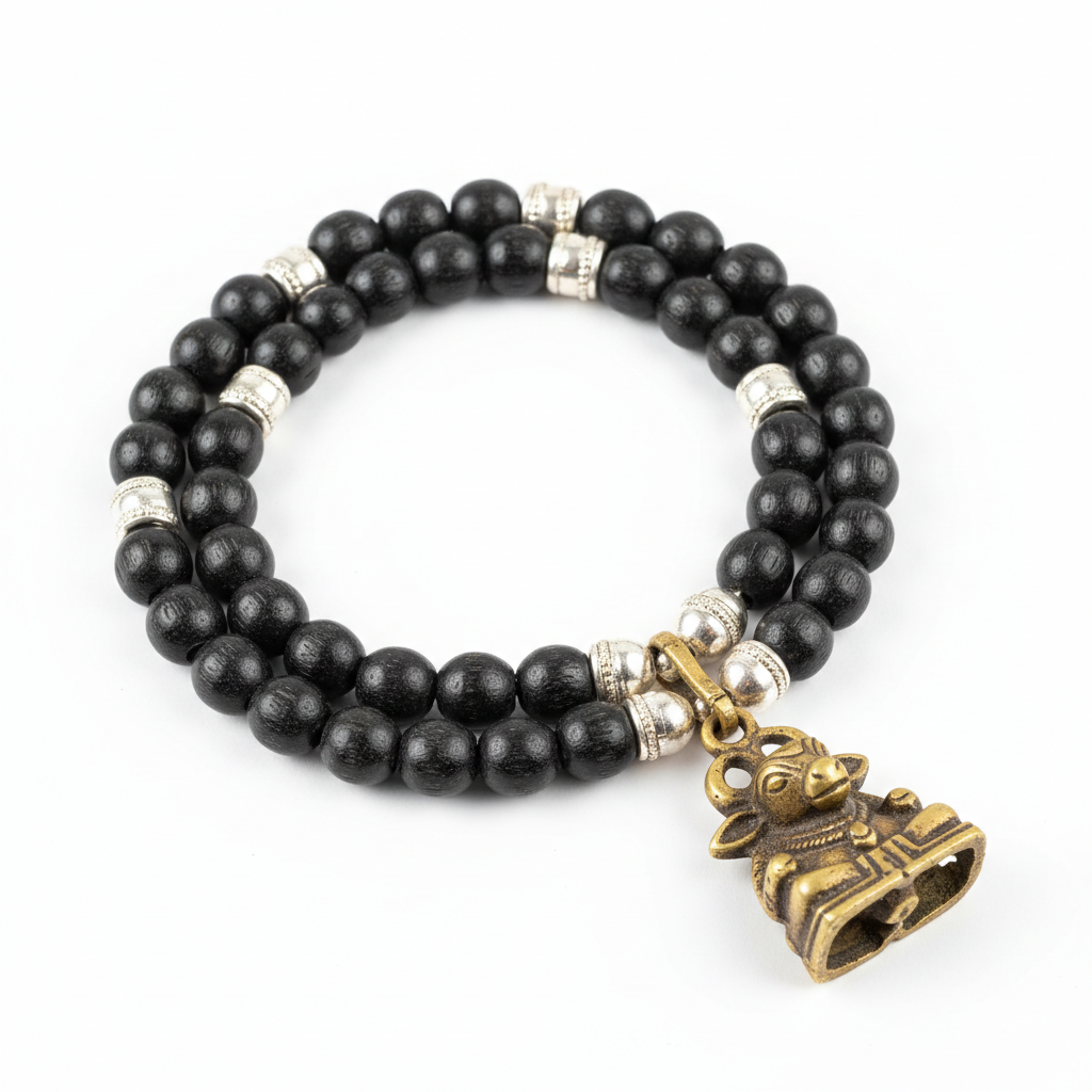 7mm Silver Capped Karungali Mala with Brass Nandi Pendant full product shot on white background