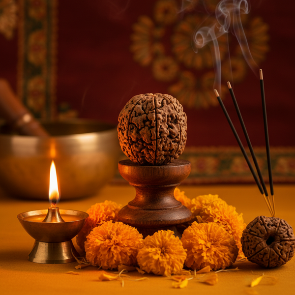 Nepal Origin 12 Mukhi Rudraksha bead in a spiritual Indian setting with diya, flowers and incense