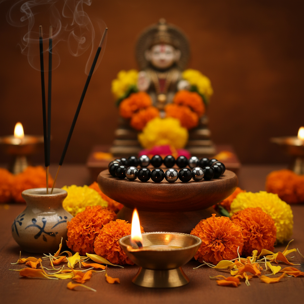 Triple Protection Bracelet in a spiritual Indian setting with diya, flowers and incense