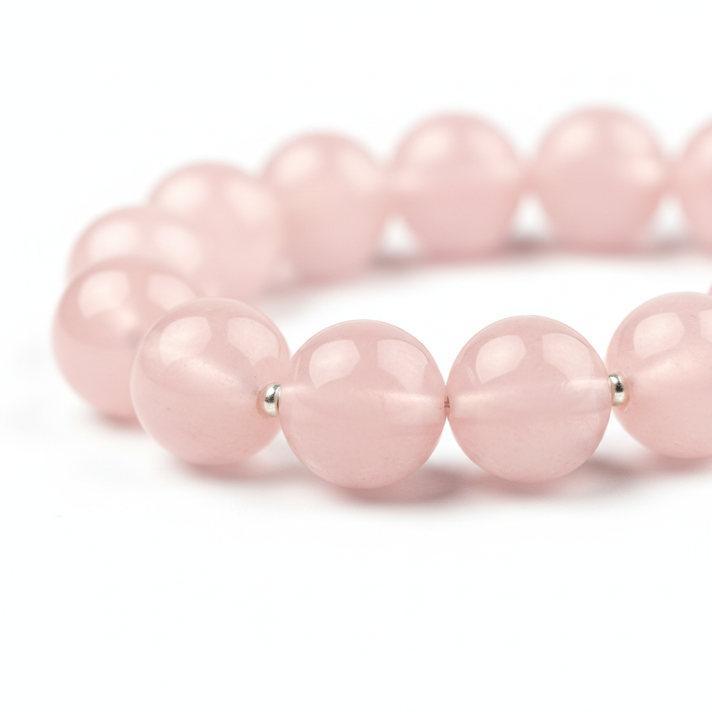 Rose Quartz Anklet macro close-up showing soft pink translucent bead texture and gentle glow