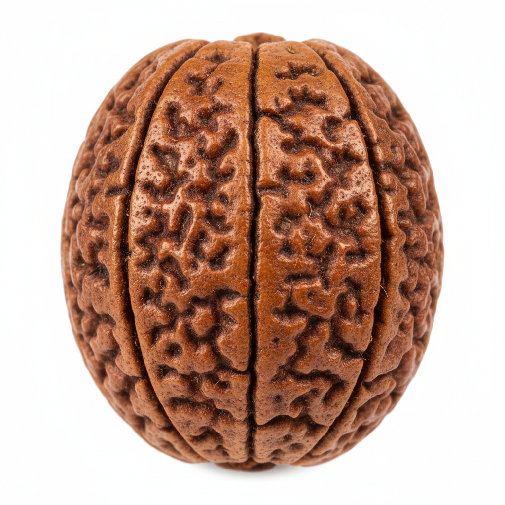 Nepal Origin 11 Mukhi Rudraksha macro close-up of 11 mukhi face lines and natural surface texture on white background