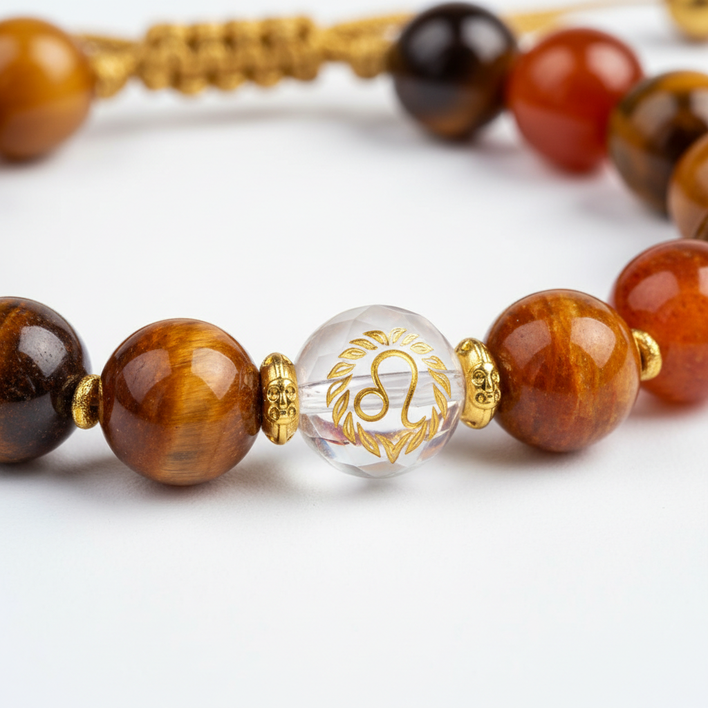 Dhan Yog Leo Bracelet macro close-up of gemstone bead texture on white background