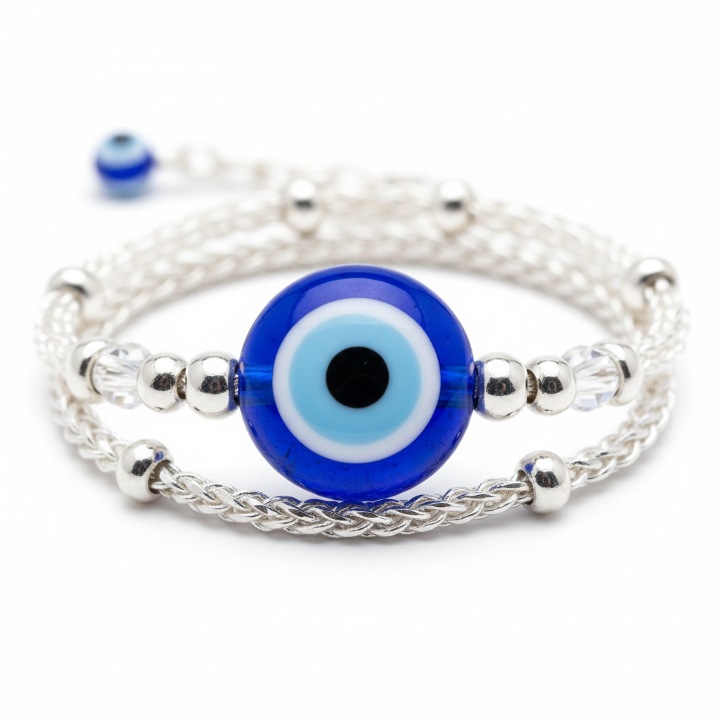 Evil eye protection bracelet macro detail showing intricate blue and white concentric circle nazar pattern
