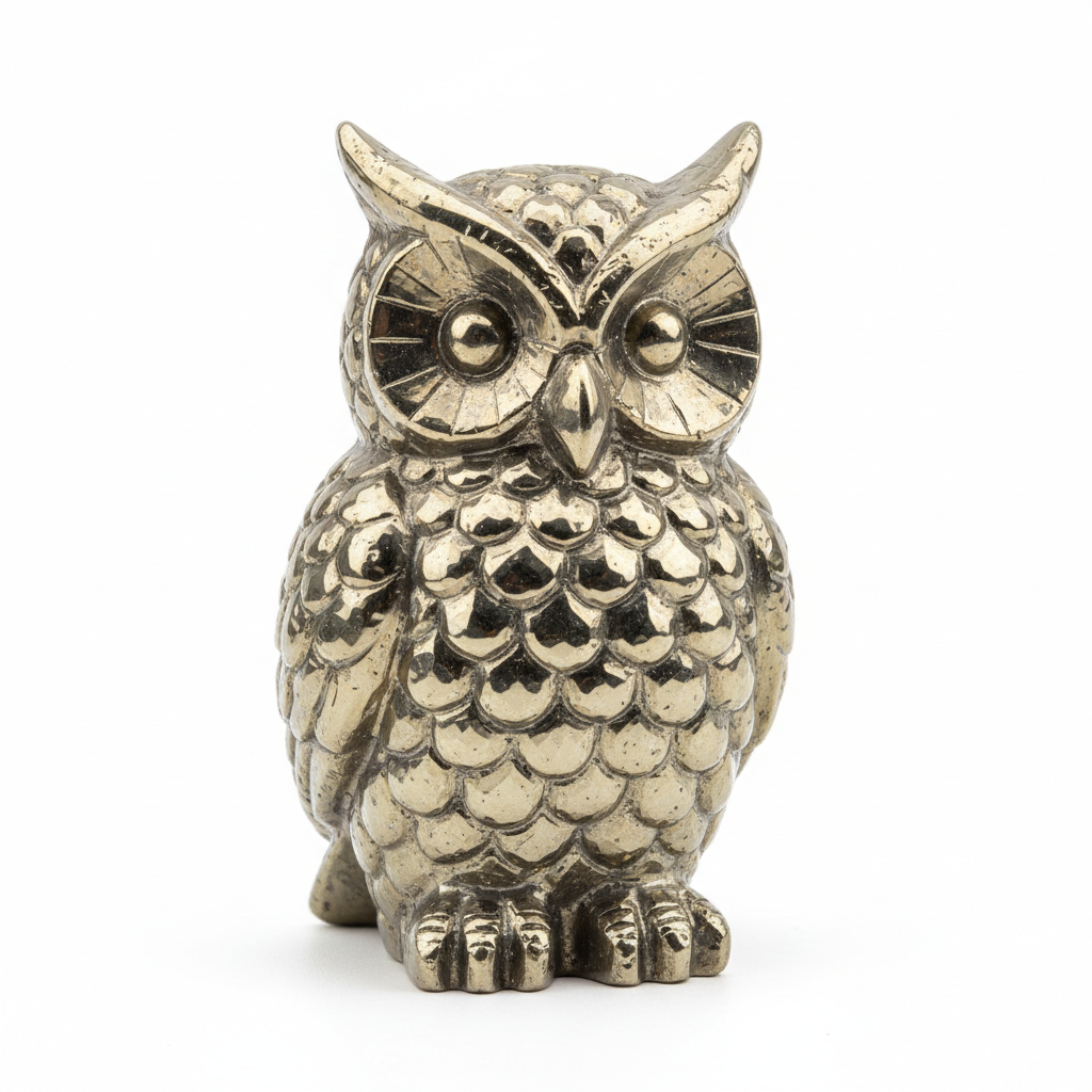 Pyrite owl figurine full shot on white background showing brilliant golden metallic surface and detailed owl form