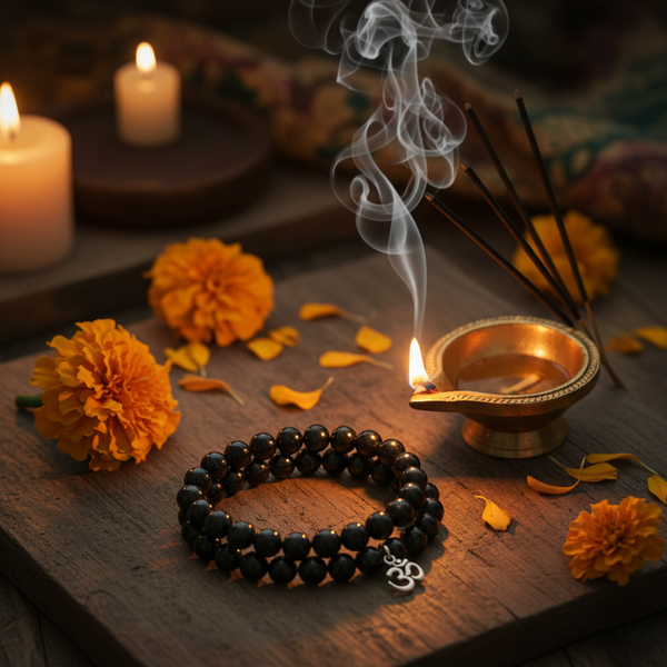Black Tourmaline Bracelet in a spiritual Indian setting with diya, marigold flowers and incense