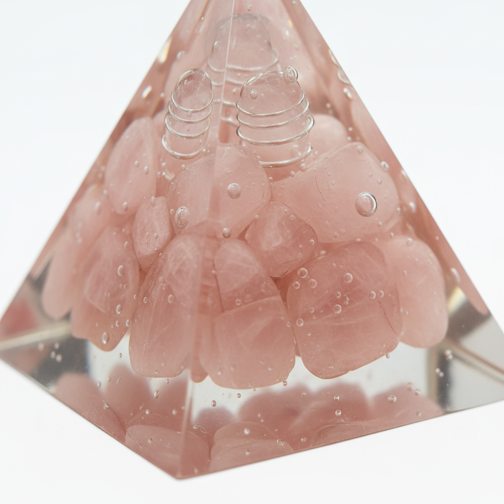 Rose Quartz Resin Pyramid macro close-up of pink rose quartz crystals in clear resin on white background