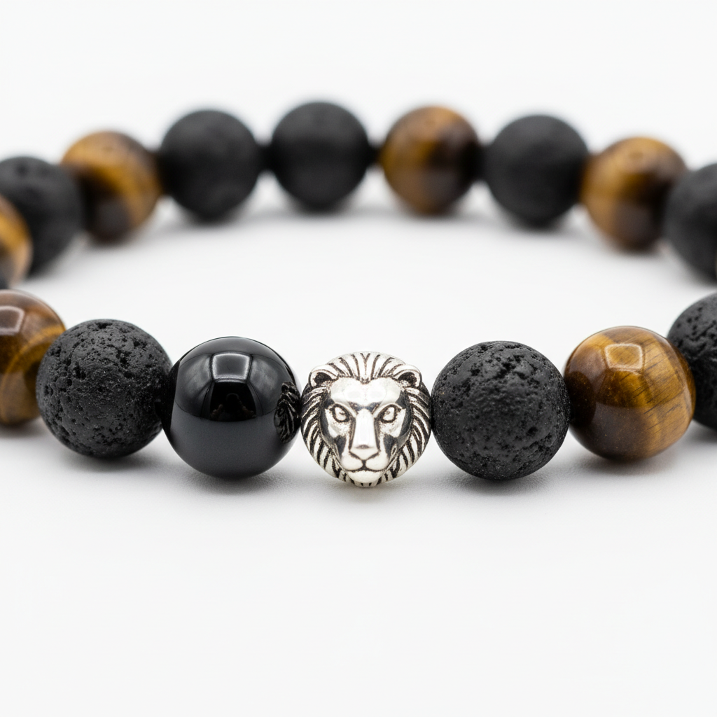 Triple Protection Bracelet macro close-up of black protective gemstone beads on white background