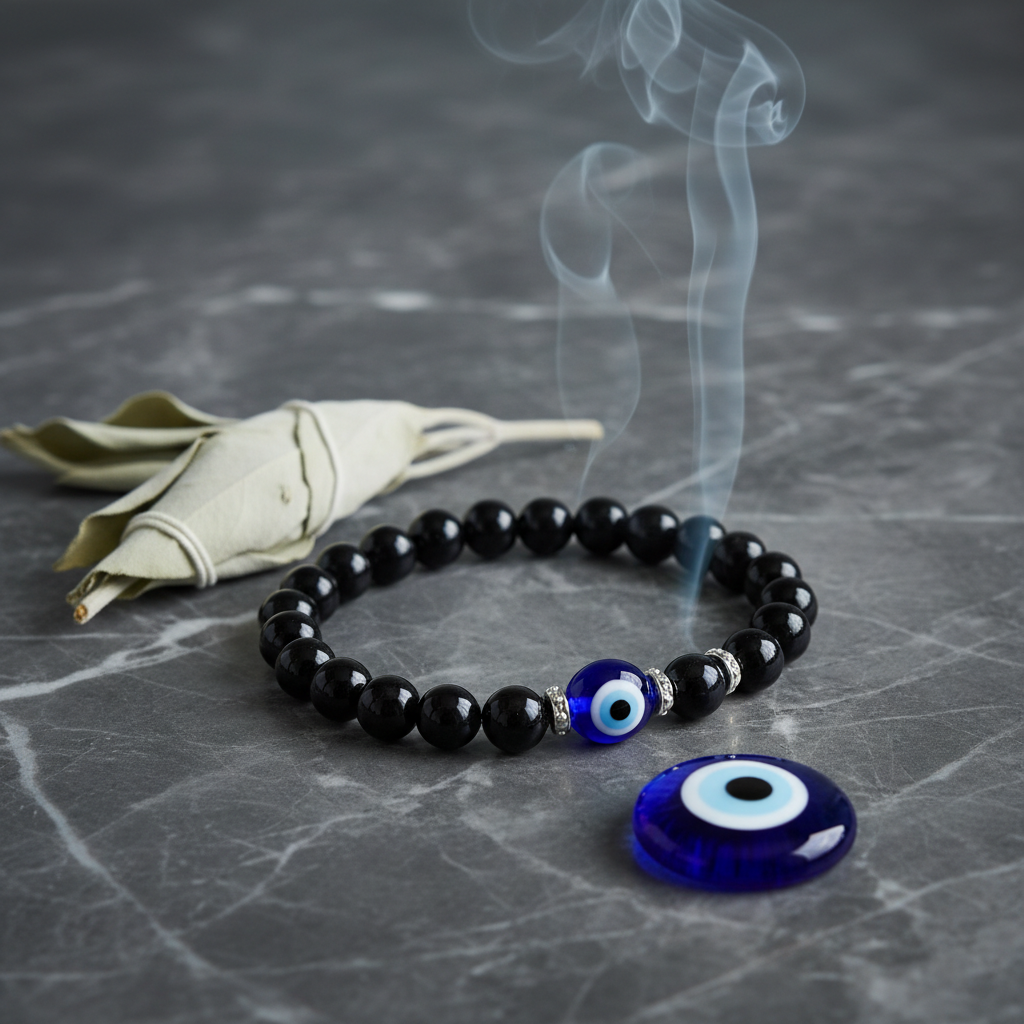 Evil Eye Bracelet with Black Obsidian in a serene protective spiritual setting
