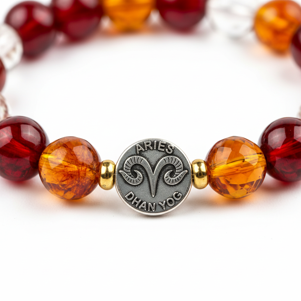 Dhan Yog Aries Bracelet close-up of zodiac wealth crystal beads on white background