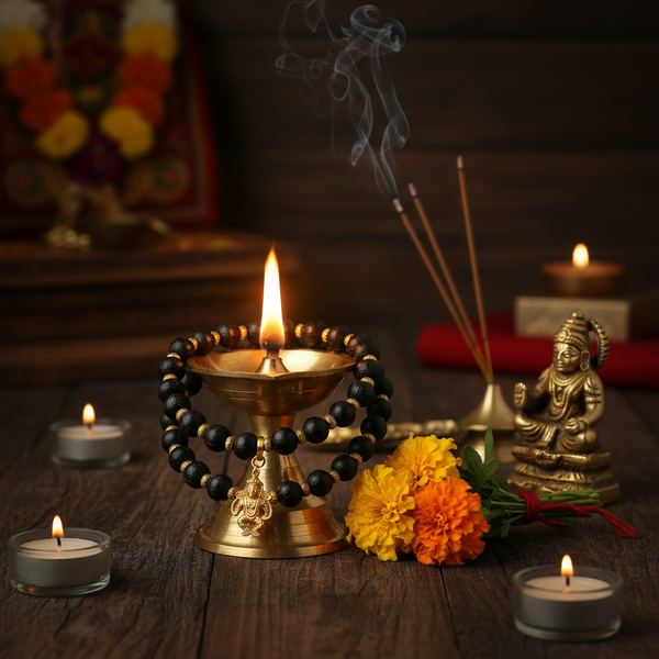 7mm Golden Capped Karungali Mala with Hanuman Pendant in a spiritual Indian setting with diya, marigold flowers and Hanuman figurine