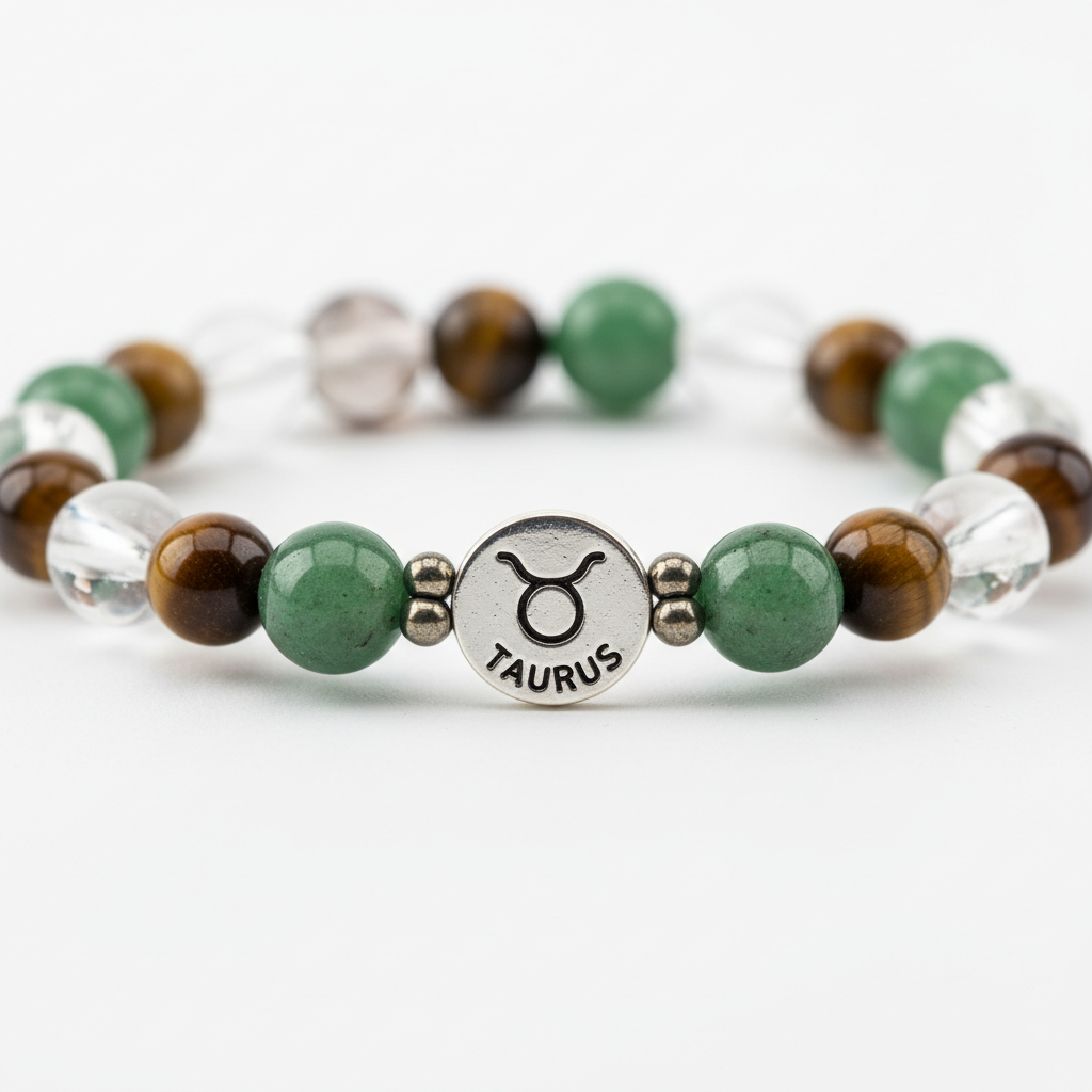 Taurus Bracelet close-up of zodiac crystal beads on white background