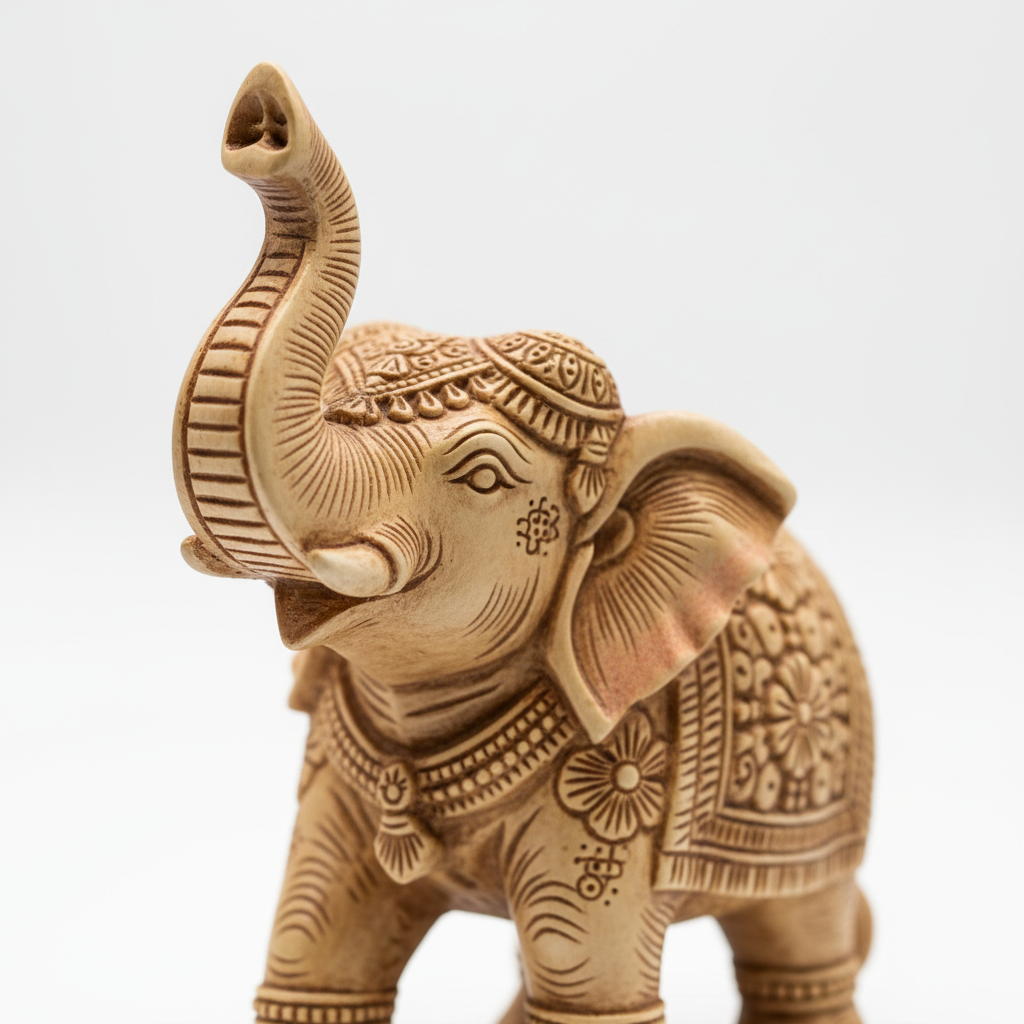 2.75 inch elephant trunk up murti macro detail showing intricate craftsmanship and raised trunk