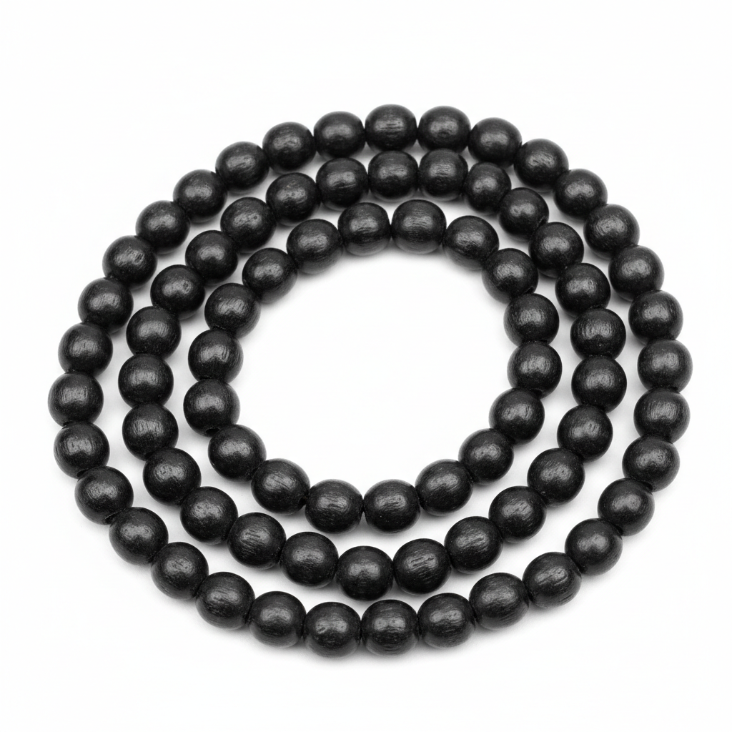 Stretchable Karungali Mala 8mm full product shot on white background showing all black ebony beads