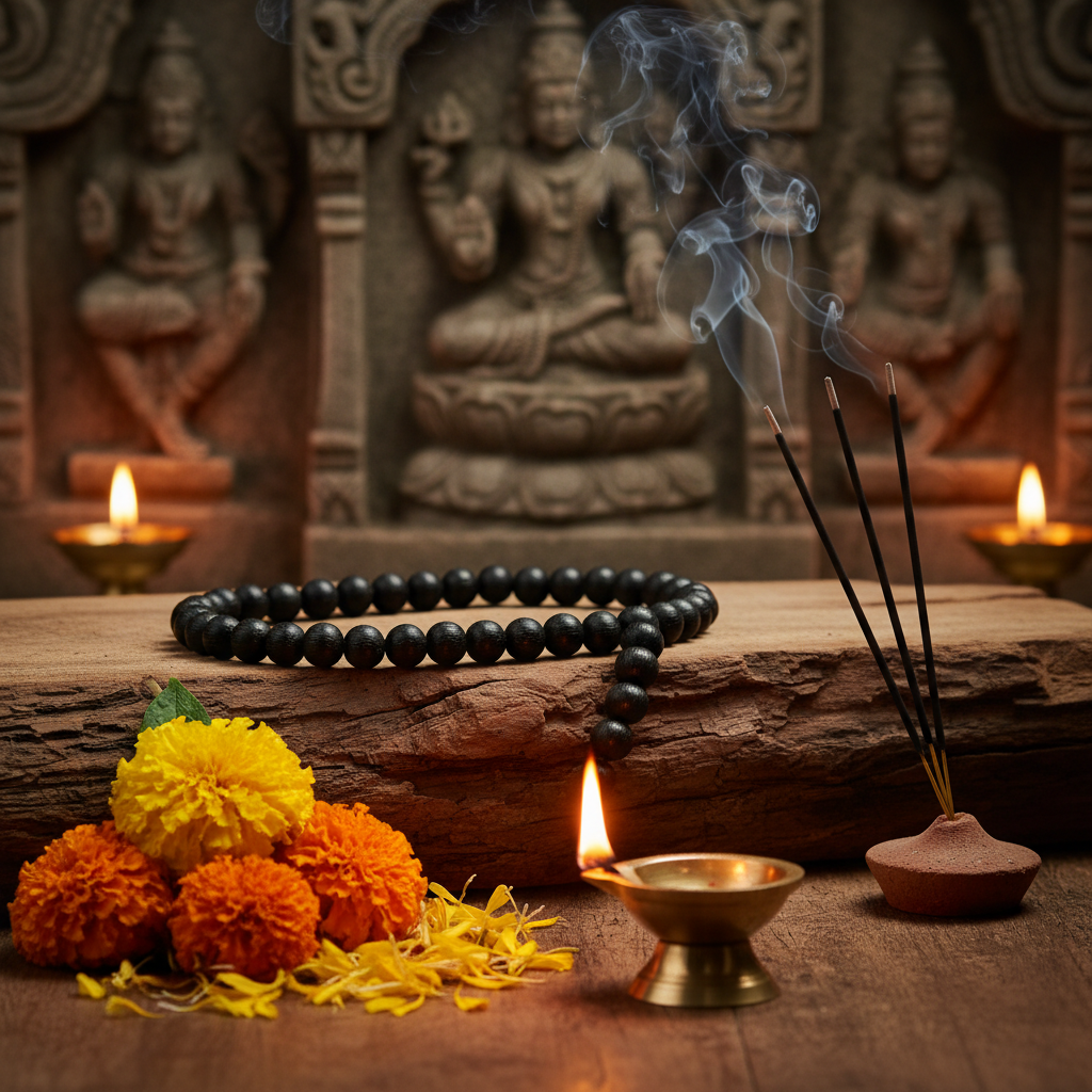 Stretchable Karungali Mala 8mm in a spiritual Indian setting with diya, flowers and incense